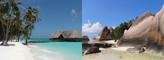 Welches Paradies darf es sein: Links die Malediven, rechts die Seychellen
