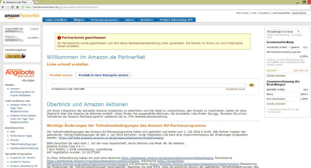 Auszug aus dem gefälschten Account im Amazon Partnernet